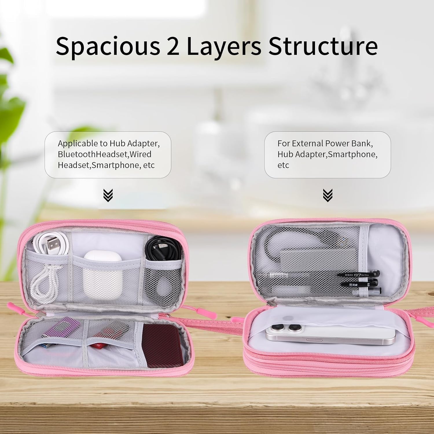 Travel Cable Organizer,Electronics Accessories Organizer Bag,For Charger, Phone, Memory Card,Travel Gadget Bag-Pink